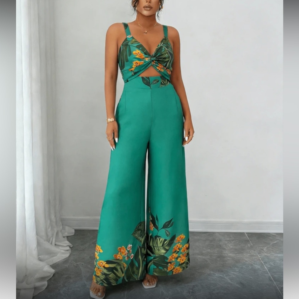 Tropical Green Twist-Front Wide-Leg Jumpsuit